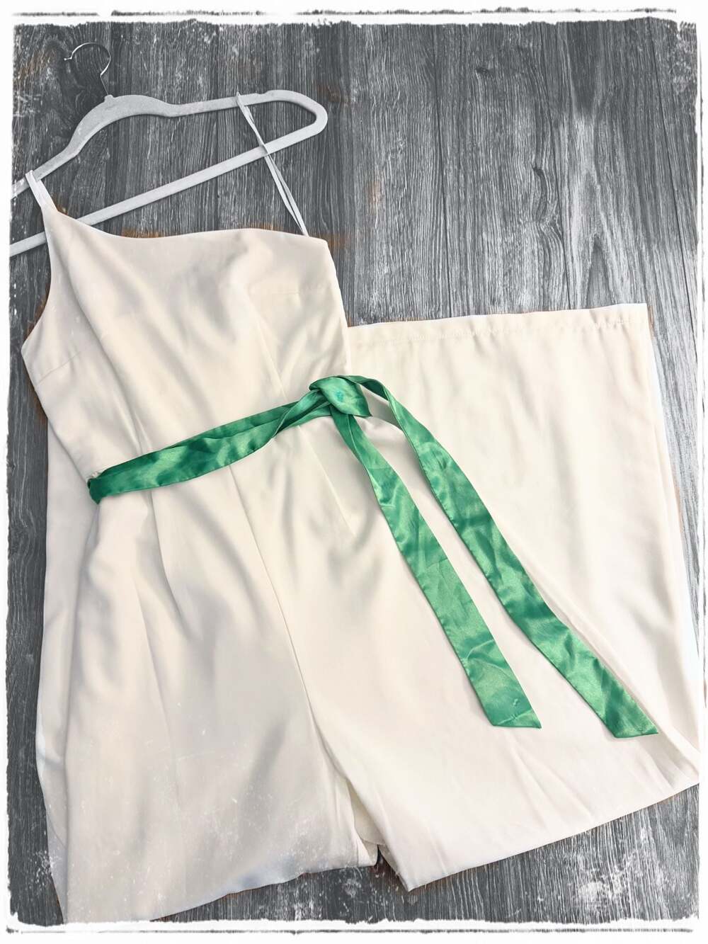 Petal + Pup One-Shoulder Wide-Leg Jumpsuit in White with Green Satin Sash